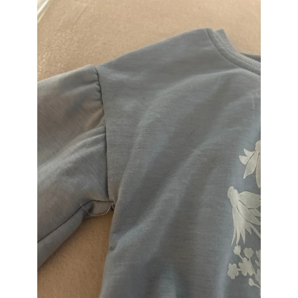 Btween Girls 4T 3pc Set Dusty Blue Floral Sweatshirt Flare Pants & Scrunchie NEW